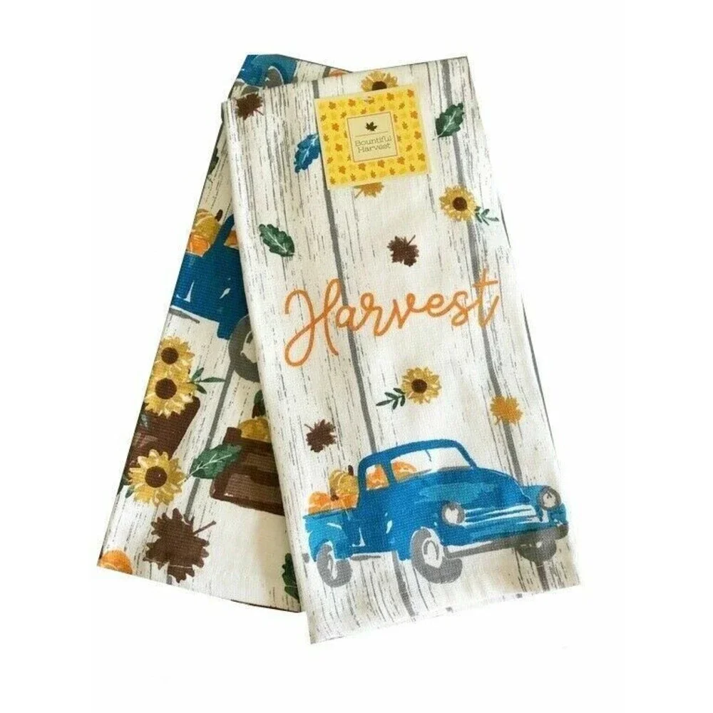 Blue Farm Truck Set of 2 Kitchen Dish Towels Pumpkins Harvest Fall Thanksgiving